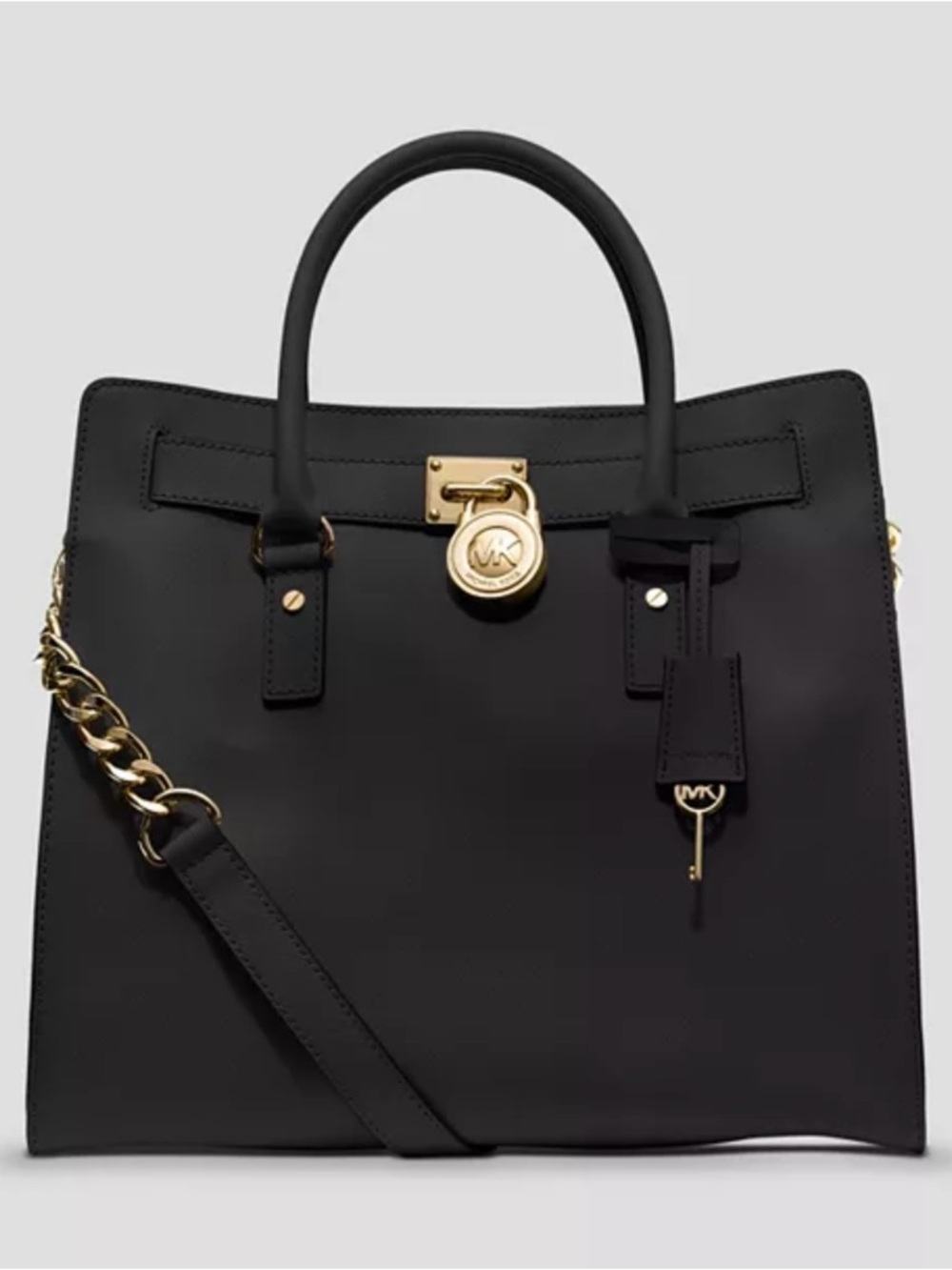 Michael Kors Black Leather Satchel with Gold-Tone Accent